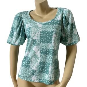 LC LAUREN CONRAD Womens Size Small Puff Sleeve Green White Plaid Boho Shirt Top